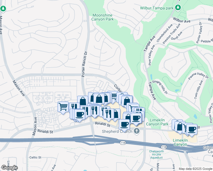 map of restaurants, bars, coffee shops, grocery stores, and more near 11519 Oakford Lane in Los Angeles