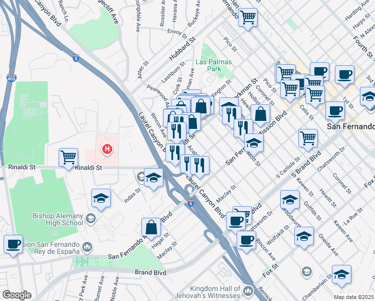 map of restaurants, bars, coffee shops, grocery stores, and more near 11518 Laurel Canyon Boulevard in San Fernando