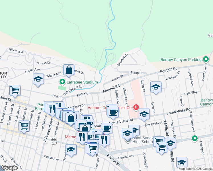 map of restaurants, bars, coffee shops, grocery stores, and more near 2841 Foothill Road in Ventura