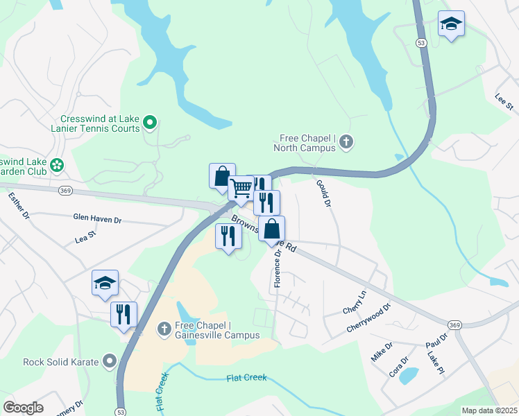 map of restaurants, bars, coffee shops, grocery stores, and more near 2888 Browns Bridge Road in Gainesville