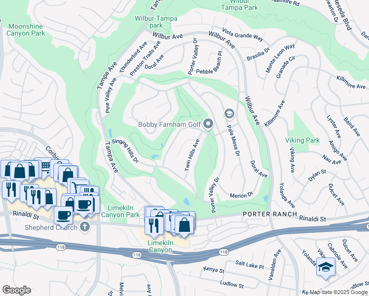 map of restaurants, bars, coffee shops, grocery stores, and more near 19444 Twin Hills Place in Los Angeles