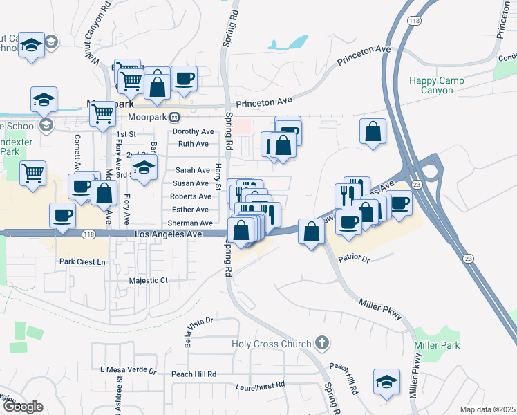 map of restaurants, bars, coffee shops, grocery stores, and more near 540 Spring Road in Moorpark
