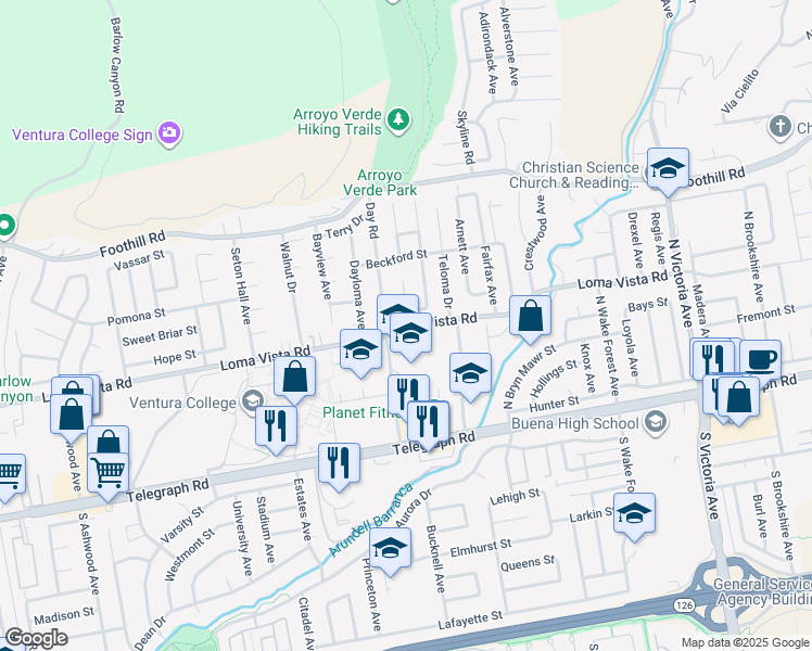 map of restaurants, bars, coffee shops, grocery stores, and more near 5055 Loma Vista Road in Ventura