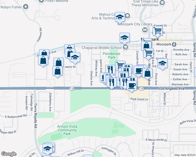 map of restaurants, bars, coffee shops, grocery stores, and more near 680 Sierra Avenue in Moorpark