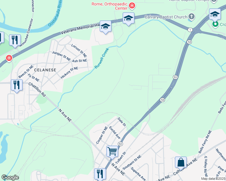 map of restaurants, bars, coffee shops, grocery stores, and more near Wolf Drive in Rome