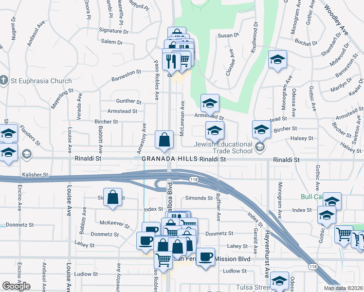 map of restaurants, bars, coffee shops, grocery stores, and more near McLennan Avenue & Flanders Street in Los Angeles