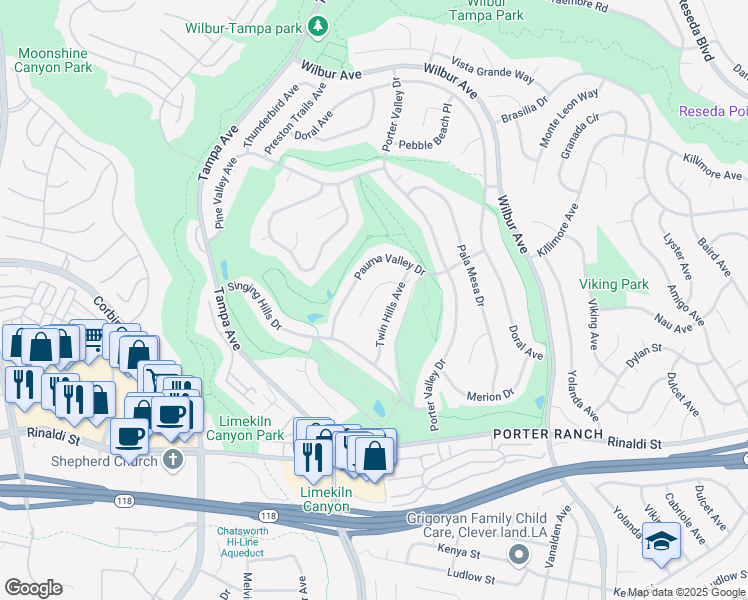 map of restaurants, bars, coffee shops, grocery stores, and more near 19444 Twin Hills Place in Los Angeles