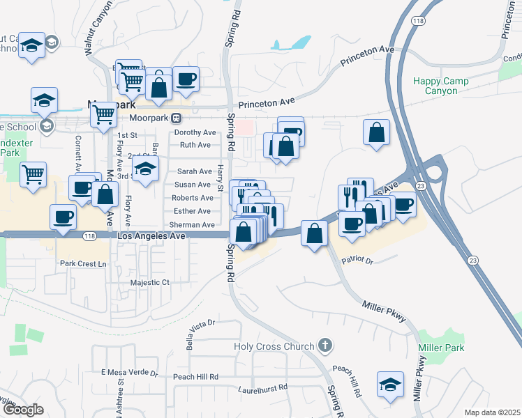 map of restaurants, bars, coffee shops, grocery stores, and more near 540 Spring Road in Moorpark