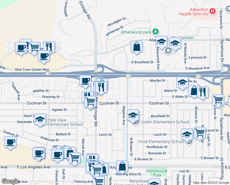 map of restaurants, bars, coffee shops, grocery stores, and more near 2484 Moraga Court in Simi Valley