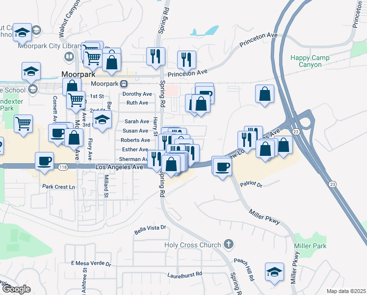 map of restaurants, bars, coffee shops, grocery stores, and more near 540 Spring Road in Moorpark