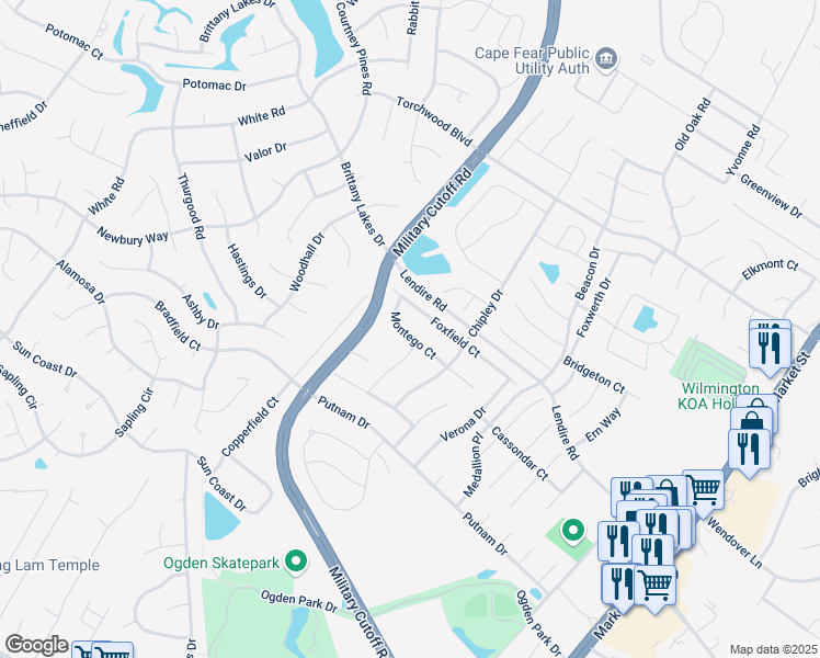 map of restaurants, bars, coffee shops, grocery stores, and more near 542 Montego Court in Wilmington