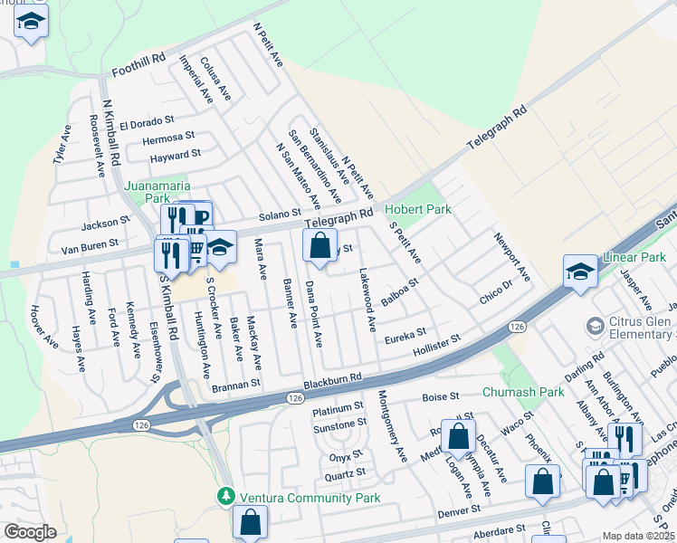 map of restaurants, bars, coffee shops, grocery stores, and more near 8250 Quincy Street in Ventura