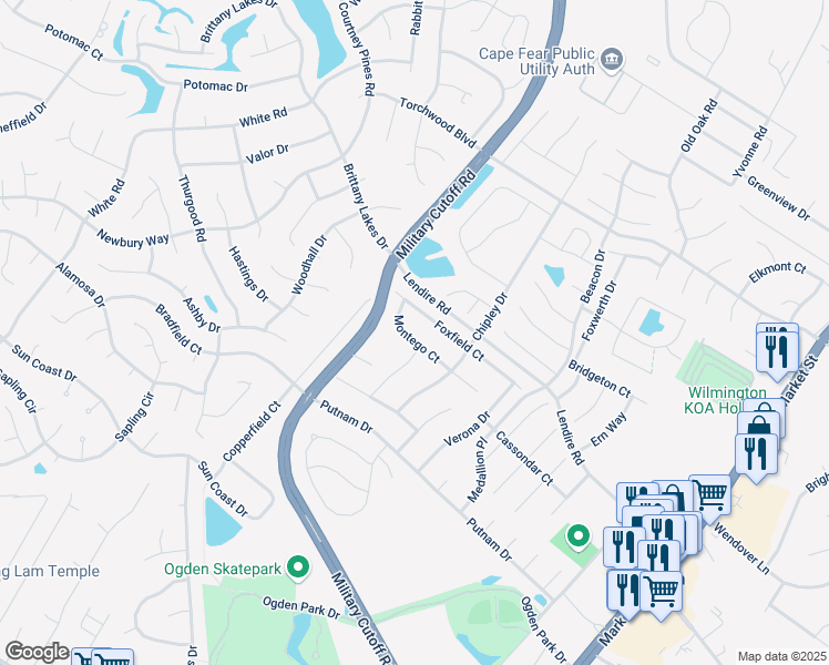 map of restaurants, bars, coffee shops, grocery stores, and more near 544 Foxfield Court in Wilmington