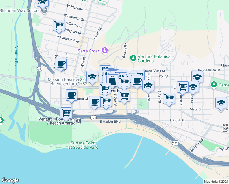 map of restaurants, bars, coffee shops, grocery stores, and more near in Ventura
