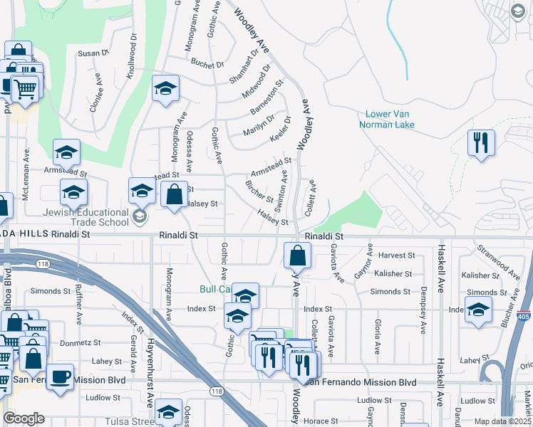 map of restaurants, bars, coffee shops, grocery stores, and more near 16250 Bircher Street in Los Angeles
