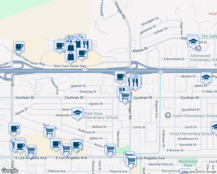 map of restaurants, bars, coffee shops, grocery stores, and more near 1759 Cochran Street in Simi Valley