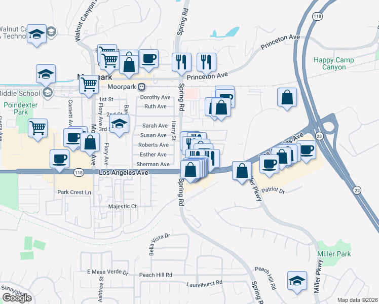 map of restaurants, bars, coffee shops, grocery stores, and more near 600 Spring Road in Moorpark