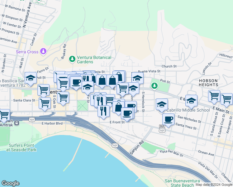 map of restaurants, bars, coffee shops, grocery stores, and more near 967 East Main Street in Ventura