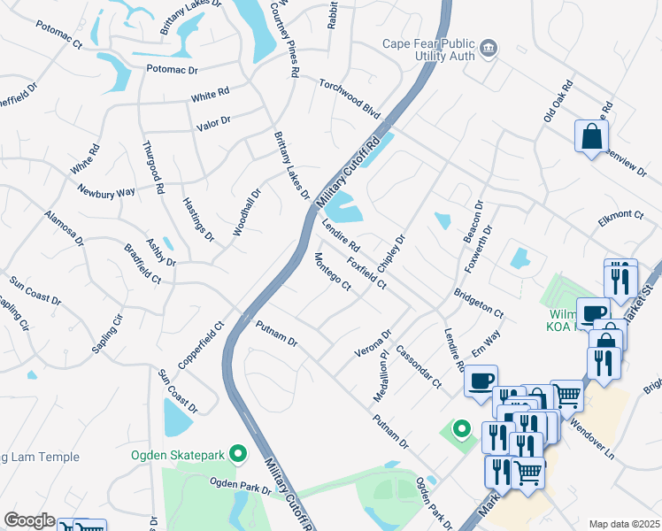 map of restaurants, bars, coffee shops, grocery stores, and more near 544 Foxfield Court in Wilmington