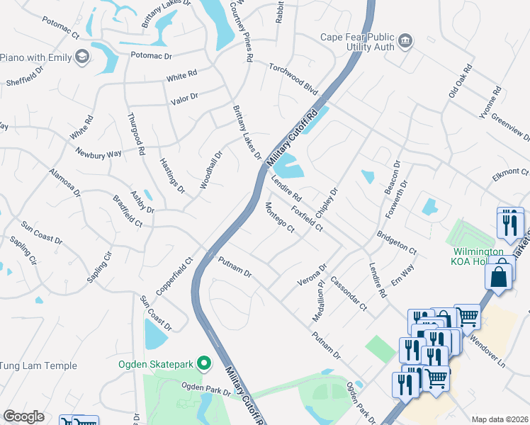 map of restaurants, bars, coffee shops, grocery stores, and more near 569 Montego Court in Wilmington