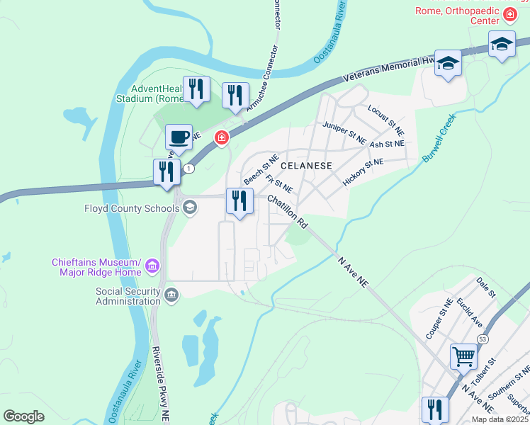 map of restaurants, bars, coffee shops, grocery stores, and more near 5 Poplar Street Northeast in Rome