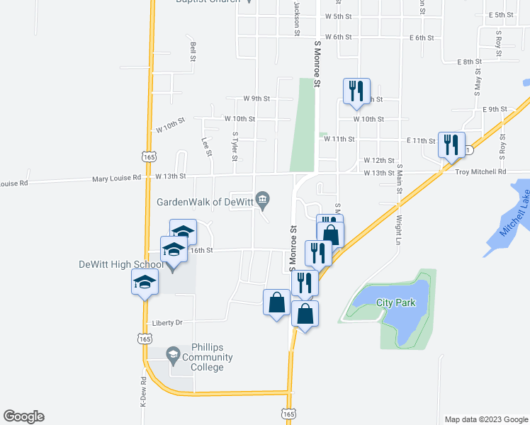 map of restaurants, bars, coffee shops, grocery stores, and more near 1505 South Harrison Street in DeWitt