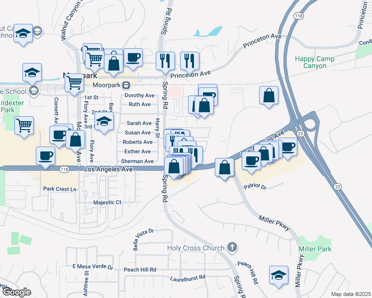 map of restaurants, bars, coffee shops, grocery stores, and more near 540 Spring Road in Moorpark