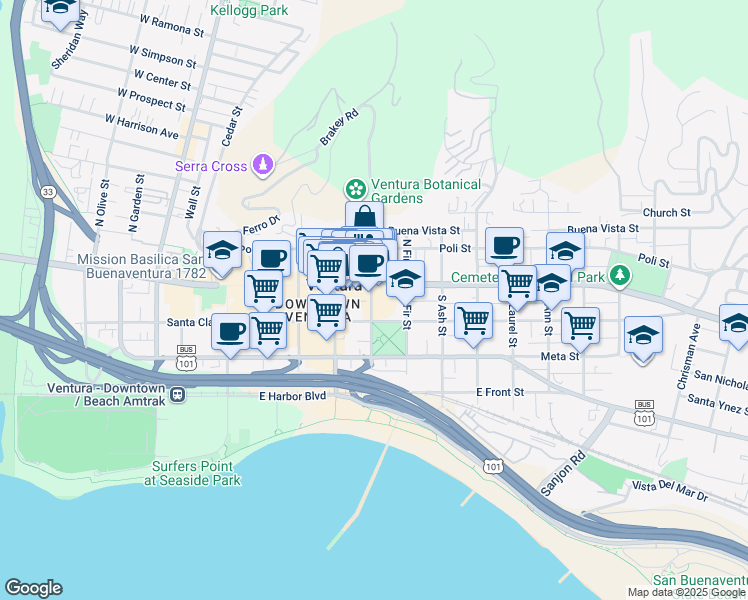 map of restaurants, bars, coffee shops, grocery stores, and more near 26 South Chestnut Street in Ventura