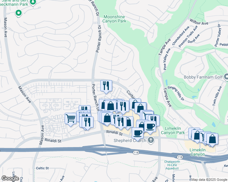 map of restaurants, bars, coffee shops, grocery stores, and more near 11512 Autumn Glen Court in Los Angeles