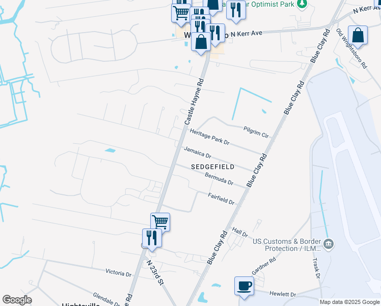 map of restaurants, bars, coffee shops, grocery stores, and more near 110 Jamaica Drive in Wilmington