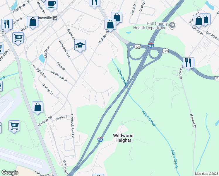 map of restaurants, bars, coffee shops, grocery stores, and more near 1265 Tyner Drive in Gainesville