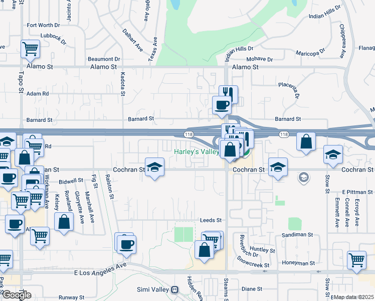 map of restaurants, bars, coffee shops, grocery stores, and more near 2511 Aurora Lane in Simi Valley