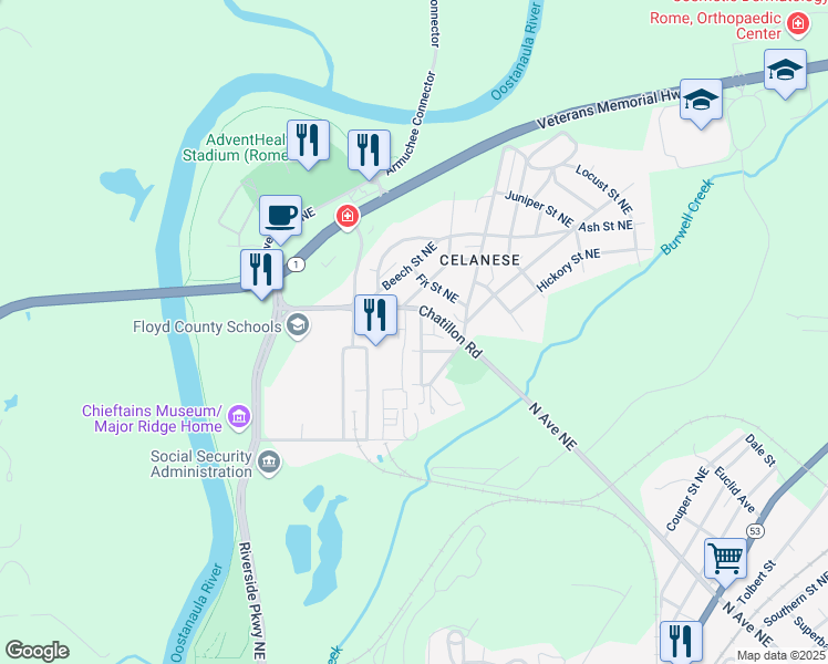map of restaurants, bars, coffee shops, grocery stores, and more near 5 Poplar Street Northeast in Rome