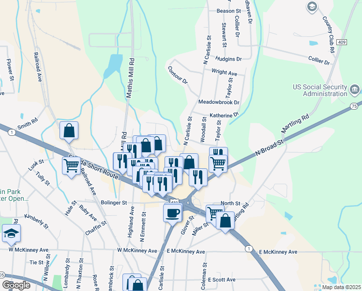 map of restaurants, bars, coffee shops, grocery stores, and more near 800 North Carlisle Street in Albertville