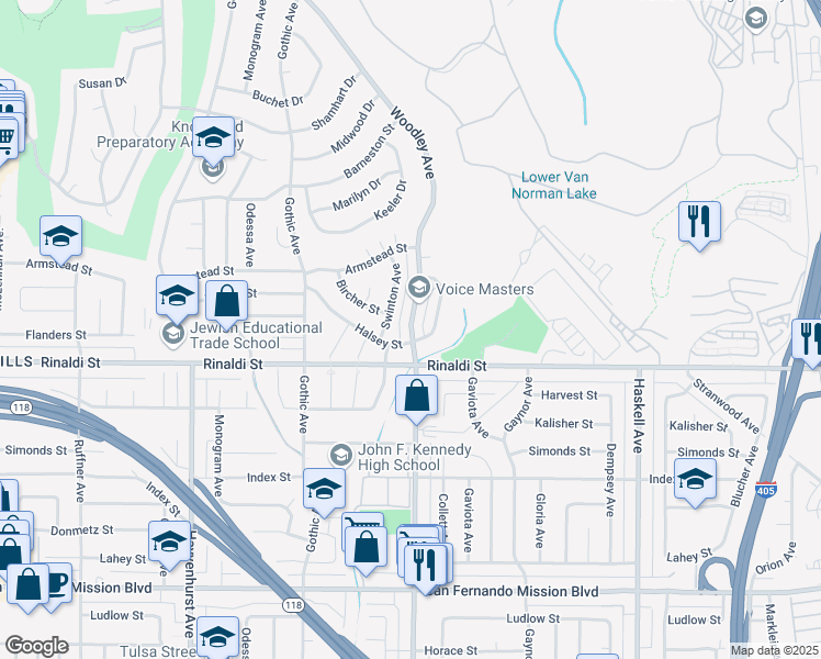 map of restaurants, bars, coffee shops, grocery stores, and more near 10636 Woodley Avenue in Los Angeles