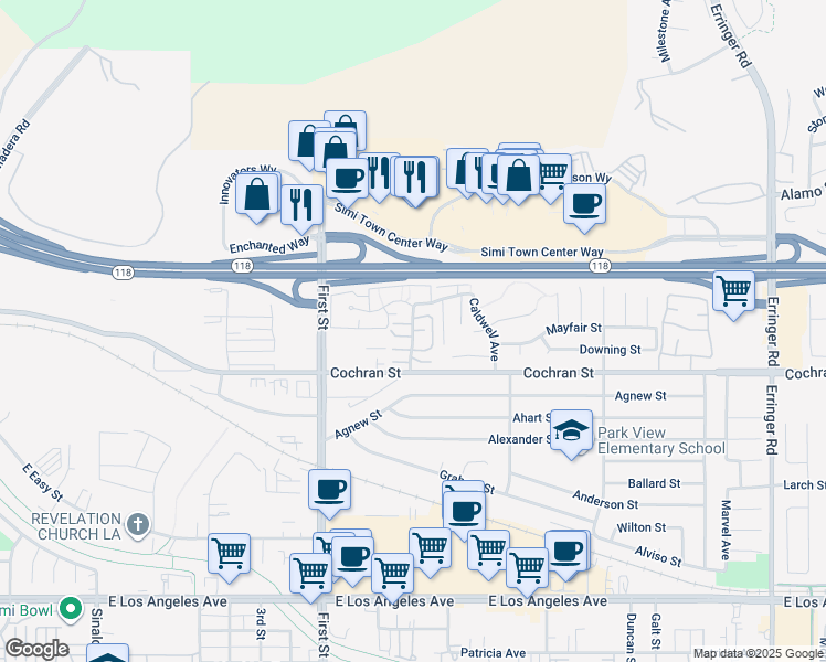 map of restaurants, bars, coffee shops, grocery stores, and more near Chandler Avenue in Simi Valley