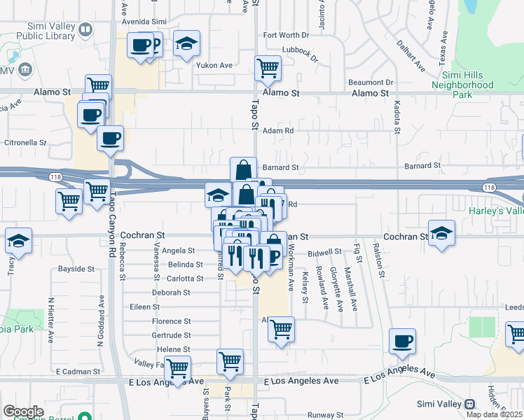 map of restaurants, bars, coffee shops, grocery stores, and more near 4419 Apricot Road in Simi Valley