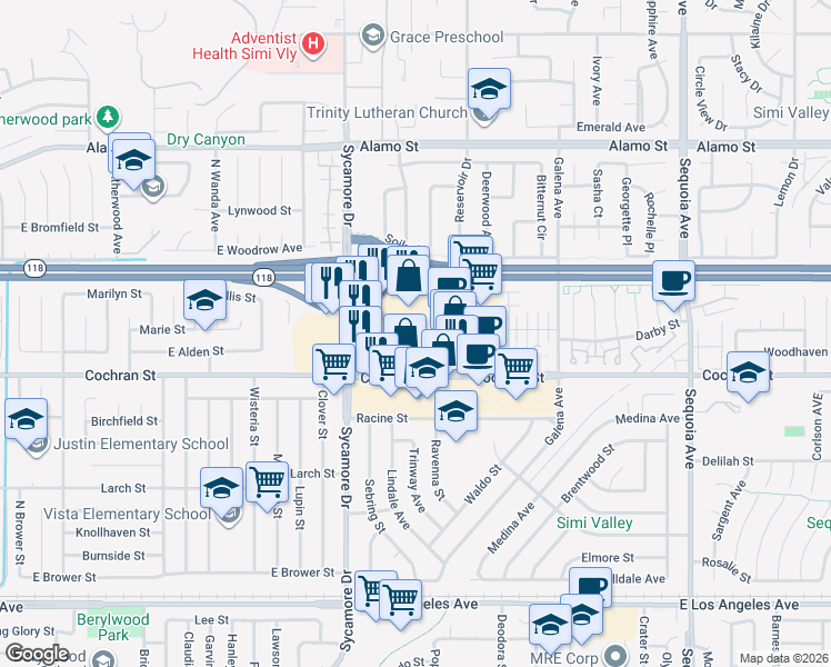 map of restaurants, bars, coffee shops, grocery stores, and more near 2825 Cochran St in Simi Valley