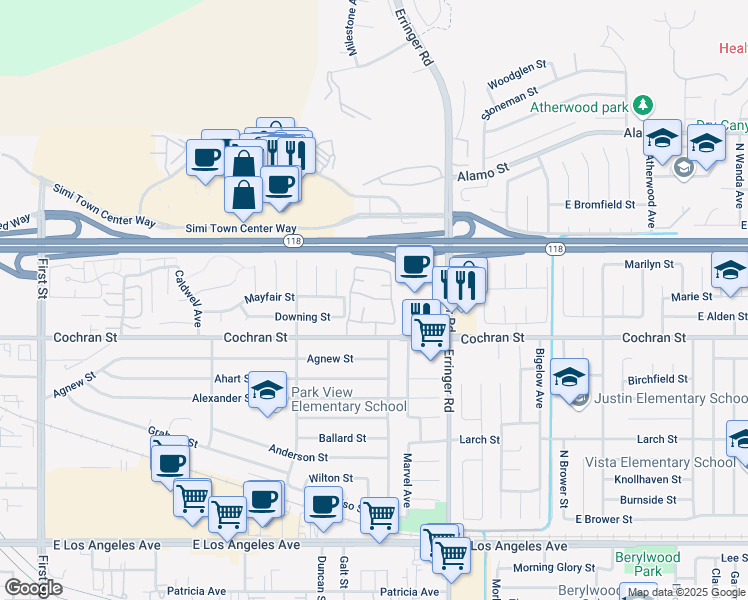 map of restaurants, bars, coffee shops, grocery stores, and more near 1733 Cochran Street in Simi Valley