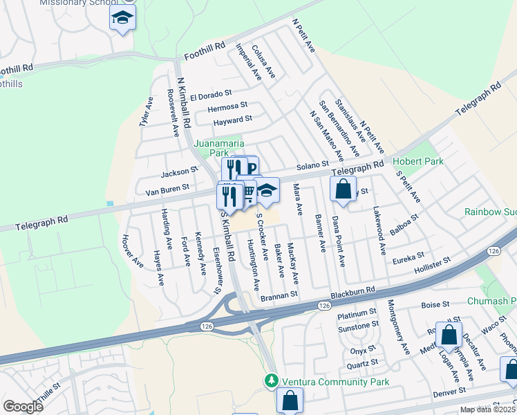 map of restaurants, bars, coffee shops, grocery stores, and more near 100 South Crocker Avenue in Ventura