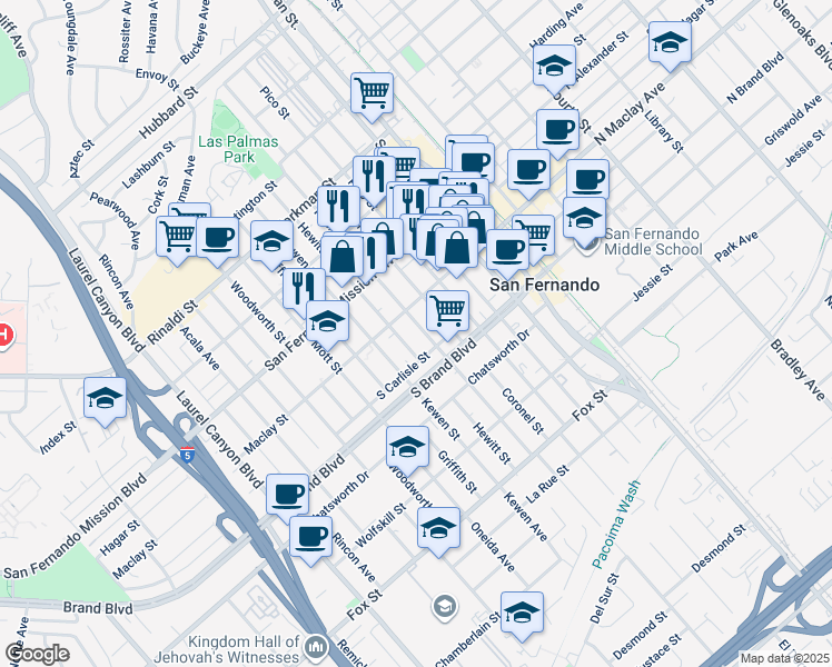 map of restaurants, bars, coffee shops, grocery stores, and more near 1022 Hollister Street in San Fernando