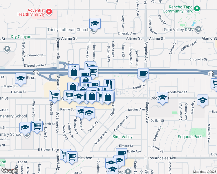 map of restaurants, bars, coffee shops, grocery stores, and more near 3068 Harrison Lane in Simi Valley