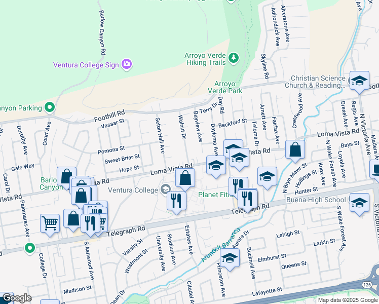 map of restaurants, bars, coffee shops, grocery stores, and more near 252 Walnut Drive in Ventura