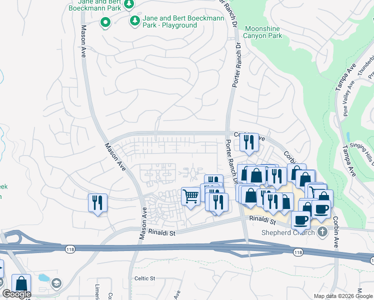 map of restaurants, bars, coffee shops, grocery stores, and more near 20109 Pienza Lane in Los Angeles