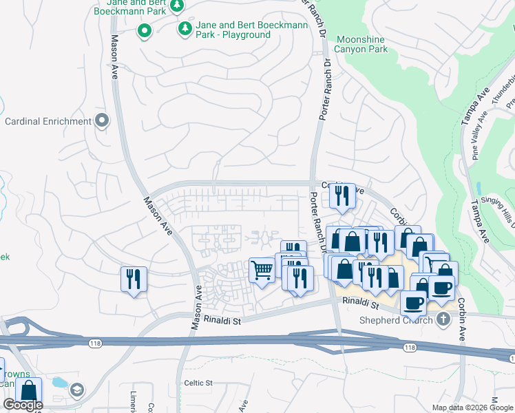 map of restaurants, bars, coffee shops, grocery stores, and more near 20114 Livorno Way in Los Angeles