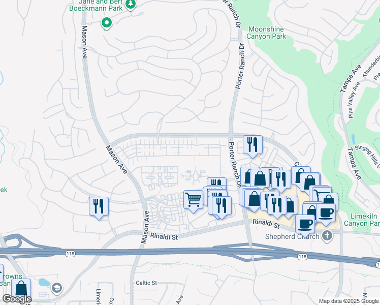 map of restaurants, bars, coffee shops, grocery stores, and more near 20109 Pienza Lane in Los Angeles