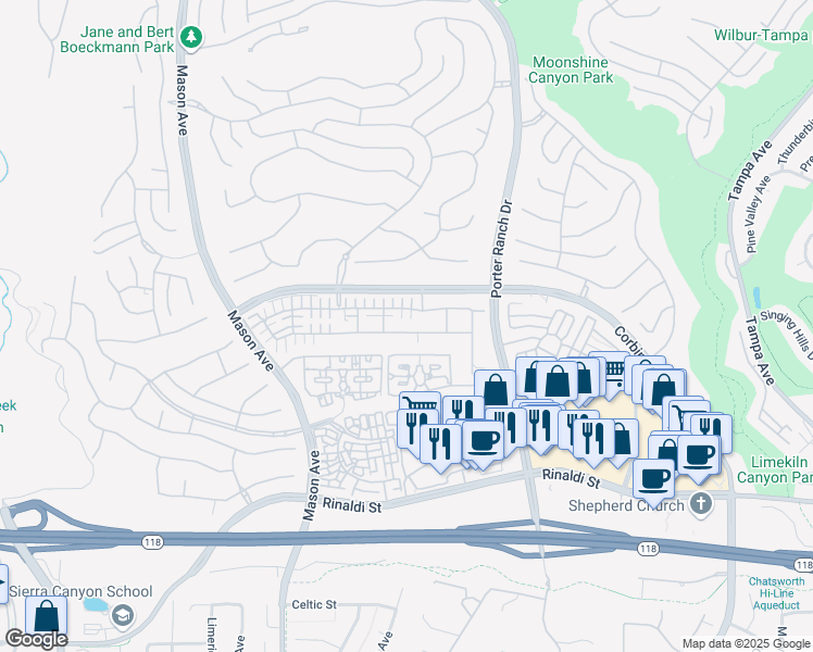 map of restaurants, bars, coffee shops, grocery stores, and more near 20114 Livorno Way in Los Angeles