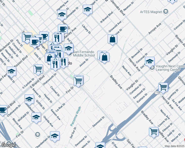 map of restaurants, bars, coffee shops, grocery stores, and more near 208 Park Avenue in San Fernando