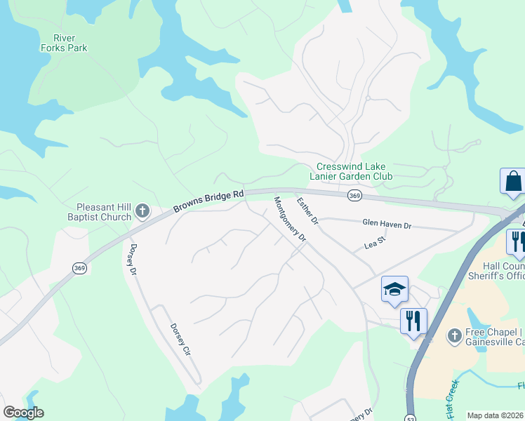 map of restaurants, bars, coffee shops, grocery stores, and more near 3507 Cresswind Parkway Southwest in Gainesville
