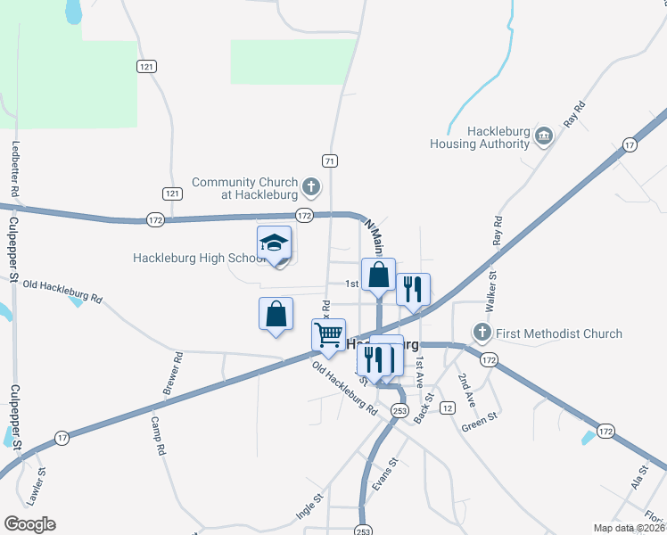 map of restaurants, bars, coffee shops, grocery stores, and more near 416 Nix Road in Hackleburg